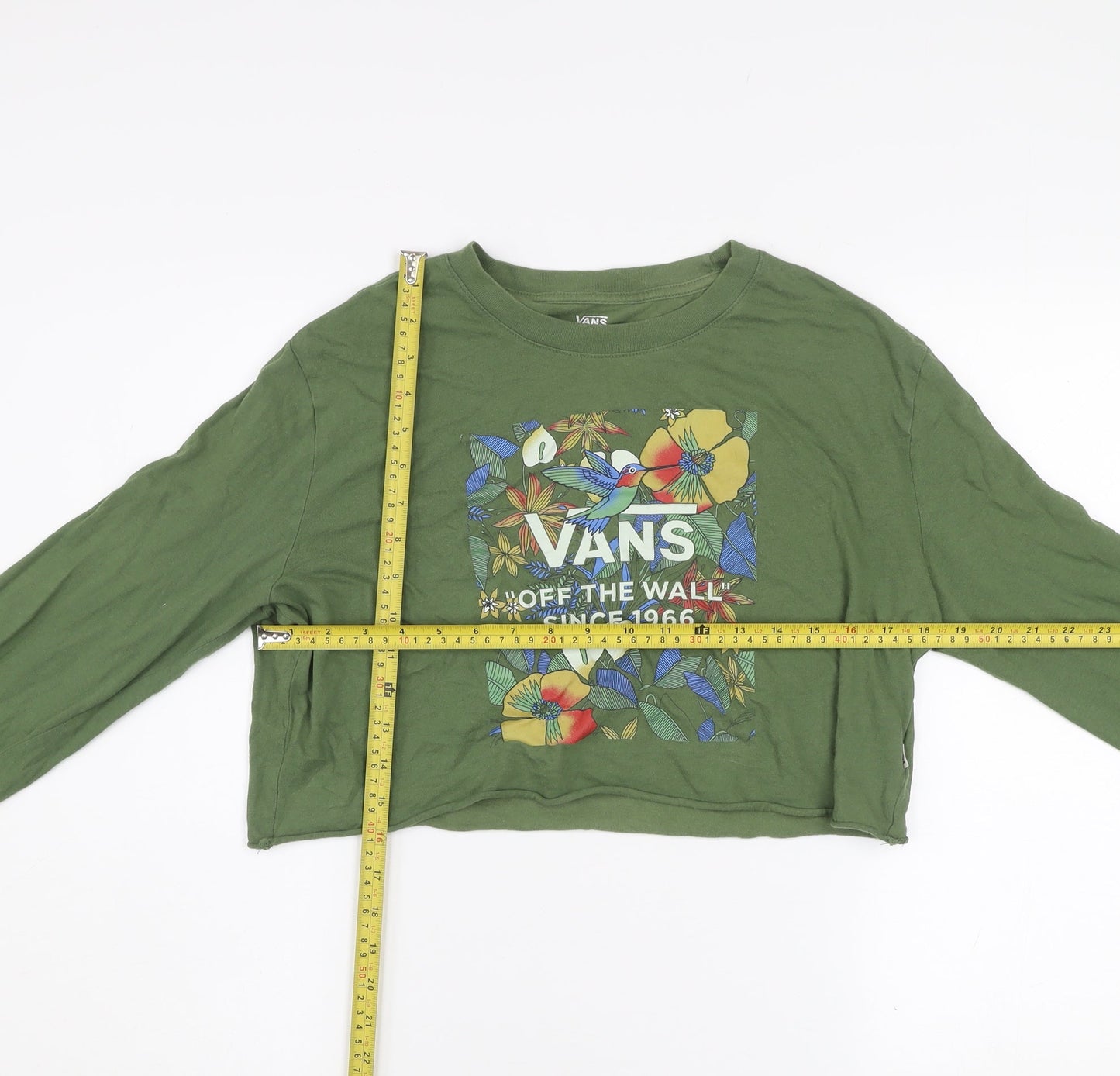 Vans Women Khaki Green Cropped Pullover Sweatshirt Medium Floral Print