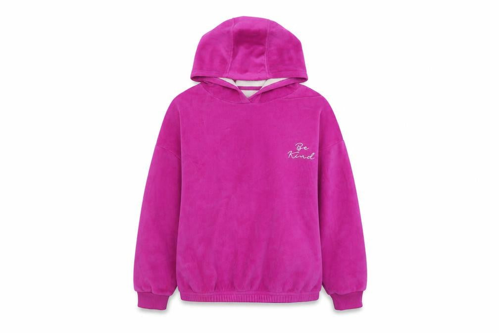 Front view of Dunnes Women’s Pink Velour Pullover Hoodie Be Kind Design, size M