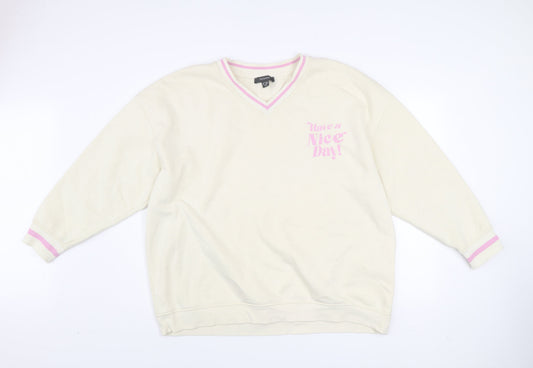 Primark Women Beige 'Have a Nice Day' V-Neck Sweatshirt Size L 14/16