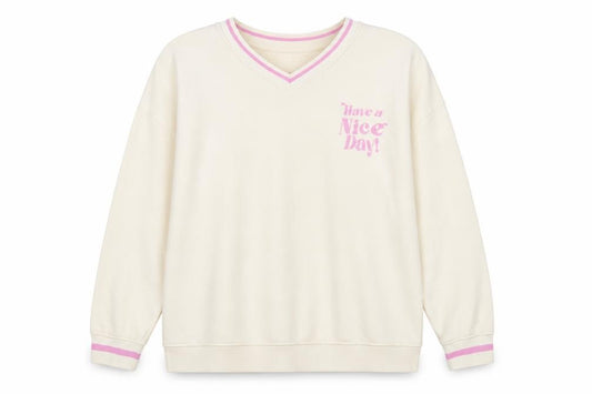 Primark Women Beige 'Have a Nice Day' V-Neck Sweatshirt Size L 14/16
