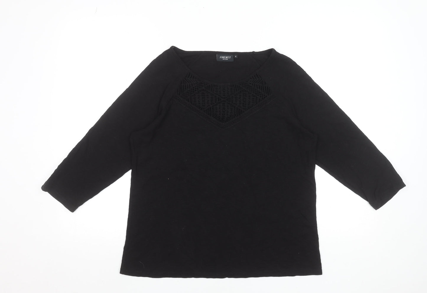 Jeanswest Women's Black Cotton Tunic Blouse Size M 3/4 Sleeve Crochet Detail