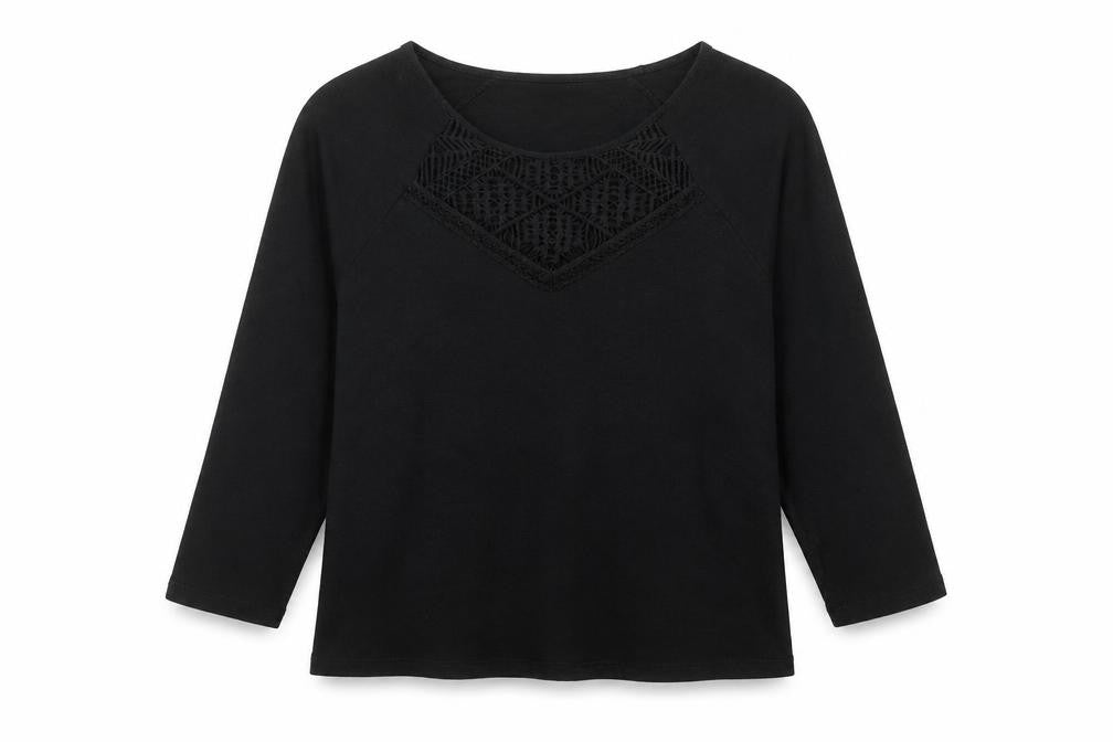 Jeanswest Women's Black Cotton Tunic Blouse Size M 3/4 Sleeve Crochet Detail
