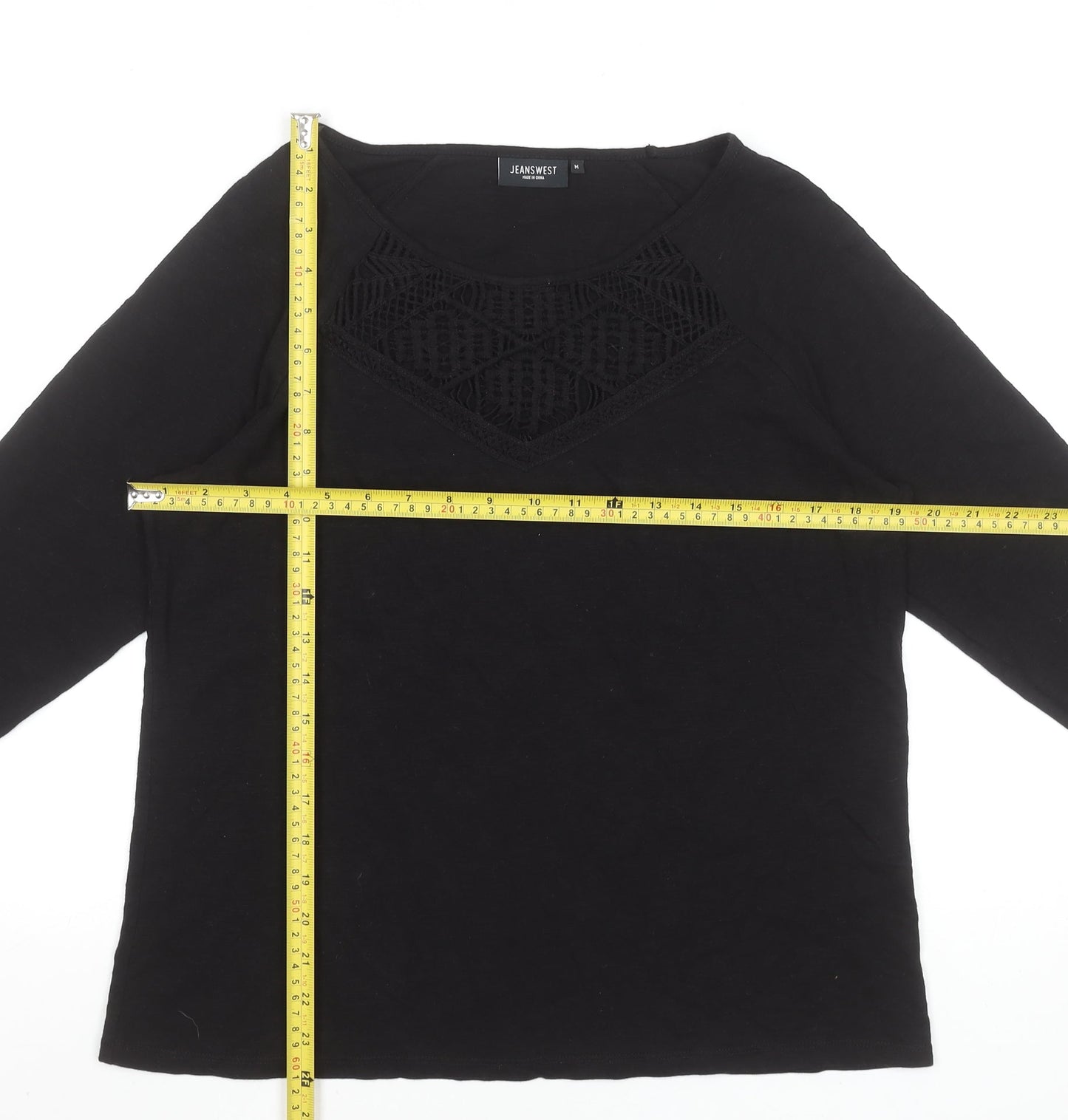 Jeanswest Women's Black Cotton Tunic Blouse Size M 3/4 Sleeve Crochet Detail