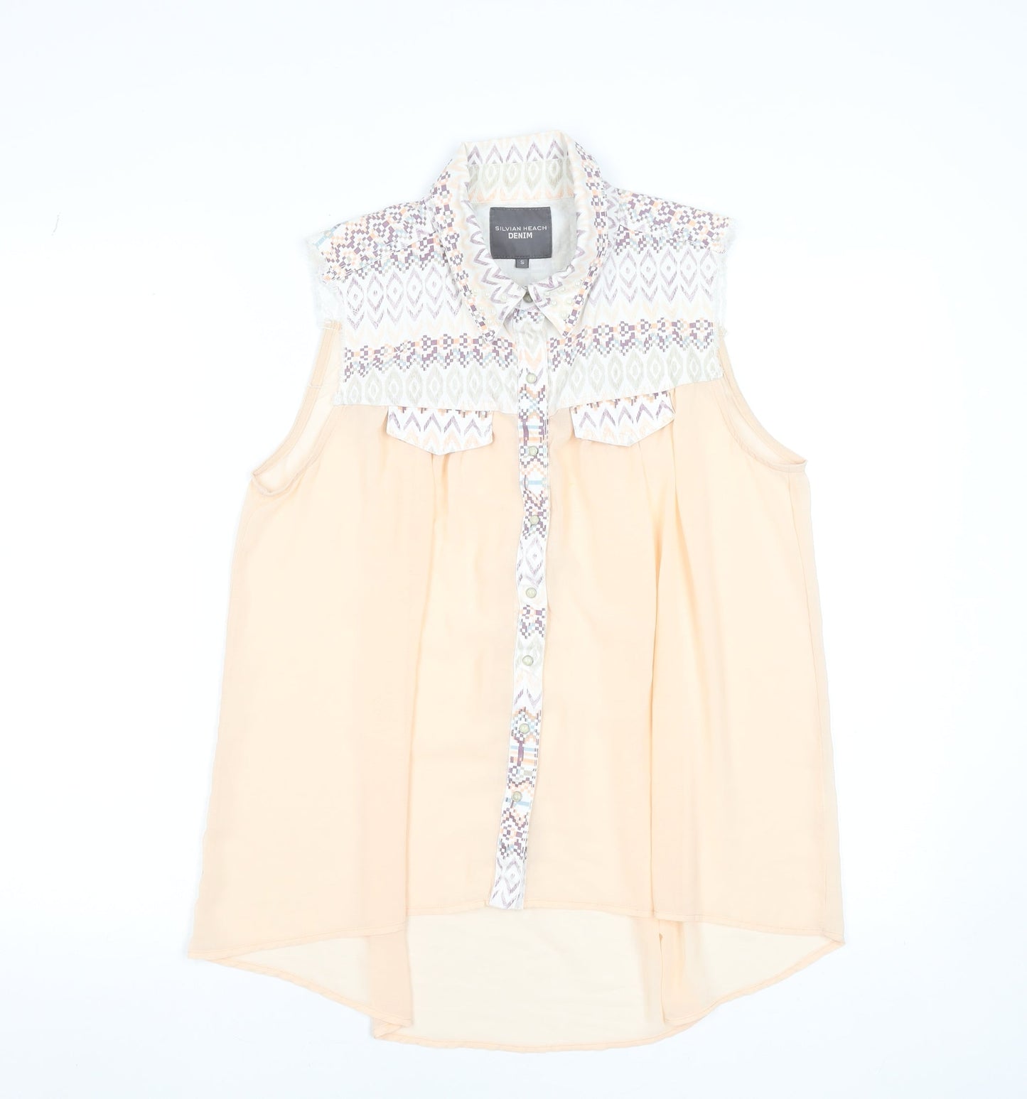 Silvian Heach Denim Womens Beige Sleeveless Collared Tunic Blouse S
