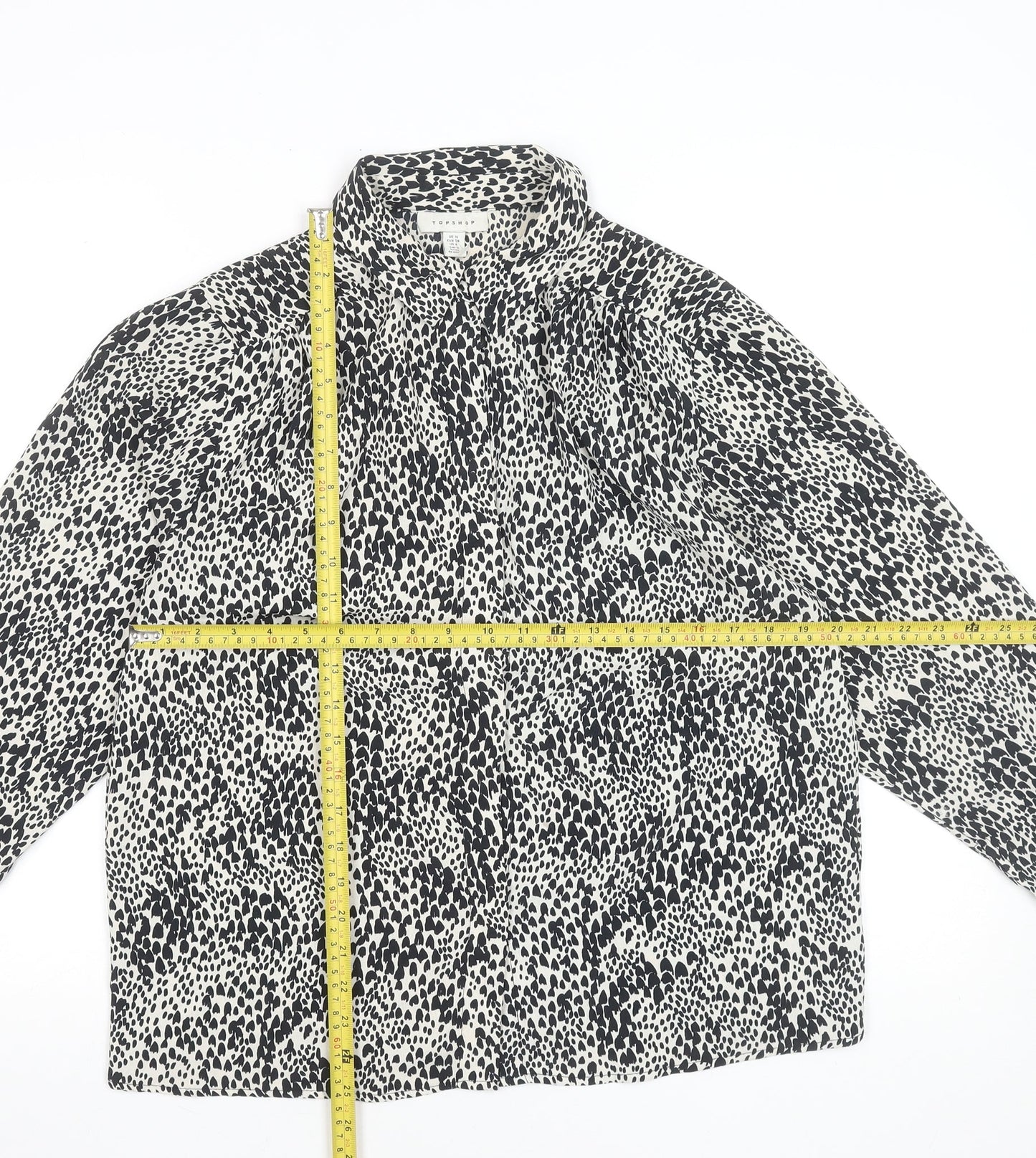 Topshop Women’s Black White Animal Print Blouse Size 10 Long Sleeve