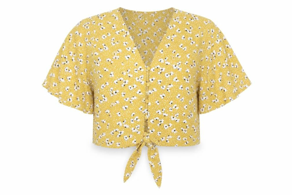 Brave Soul Womens Yellow Floral Cropped Tie Front Blouse XS