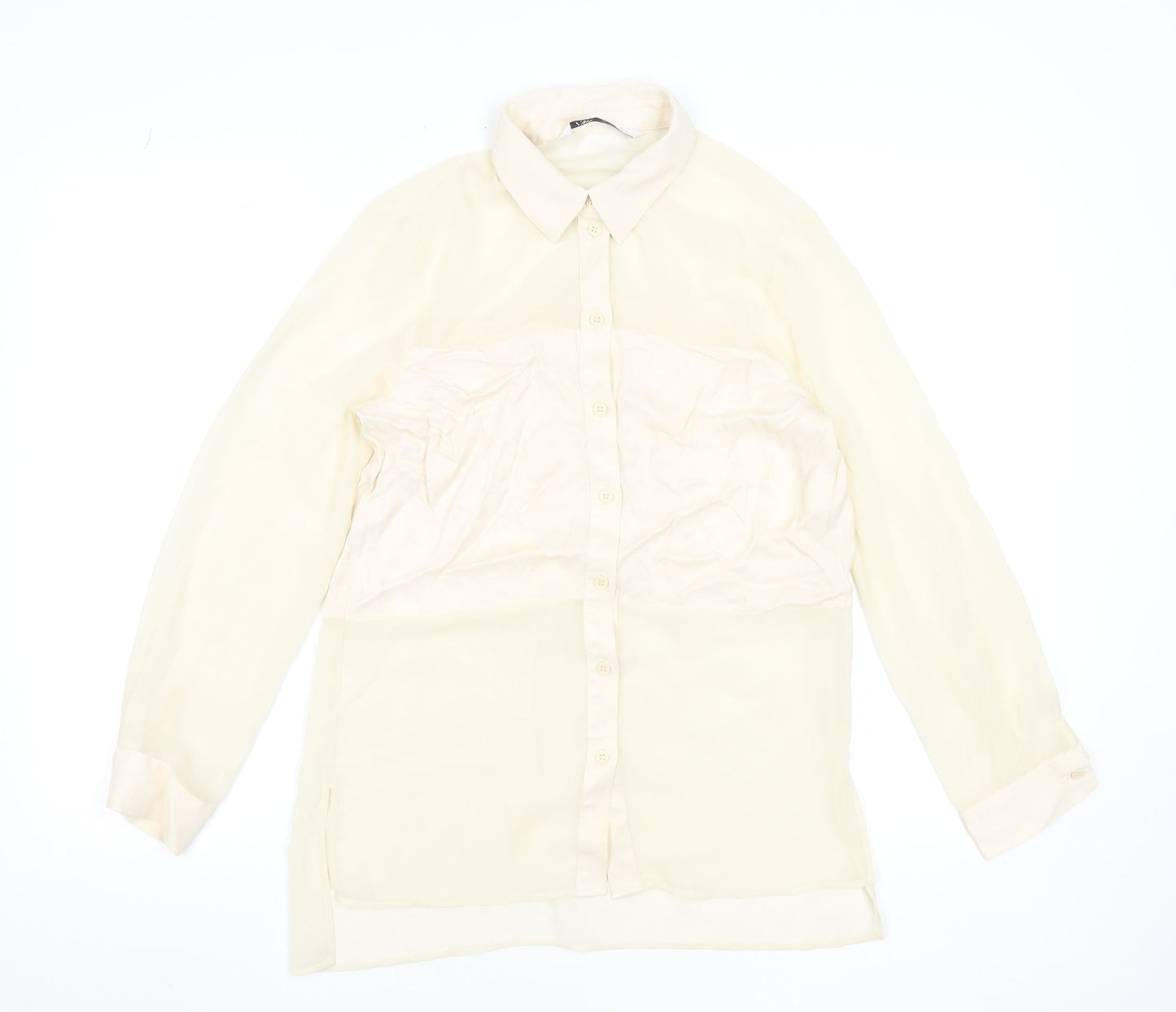 Zara Women Beige Sheer Chiffon Blouse XS Long Sleeve Collared Top