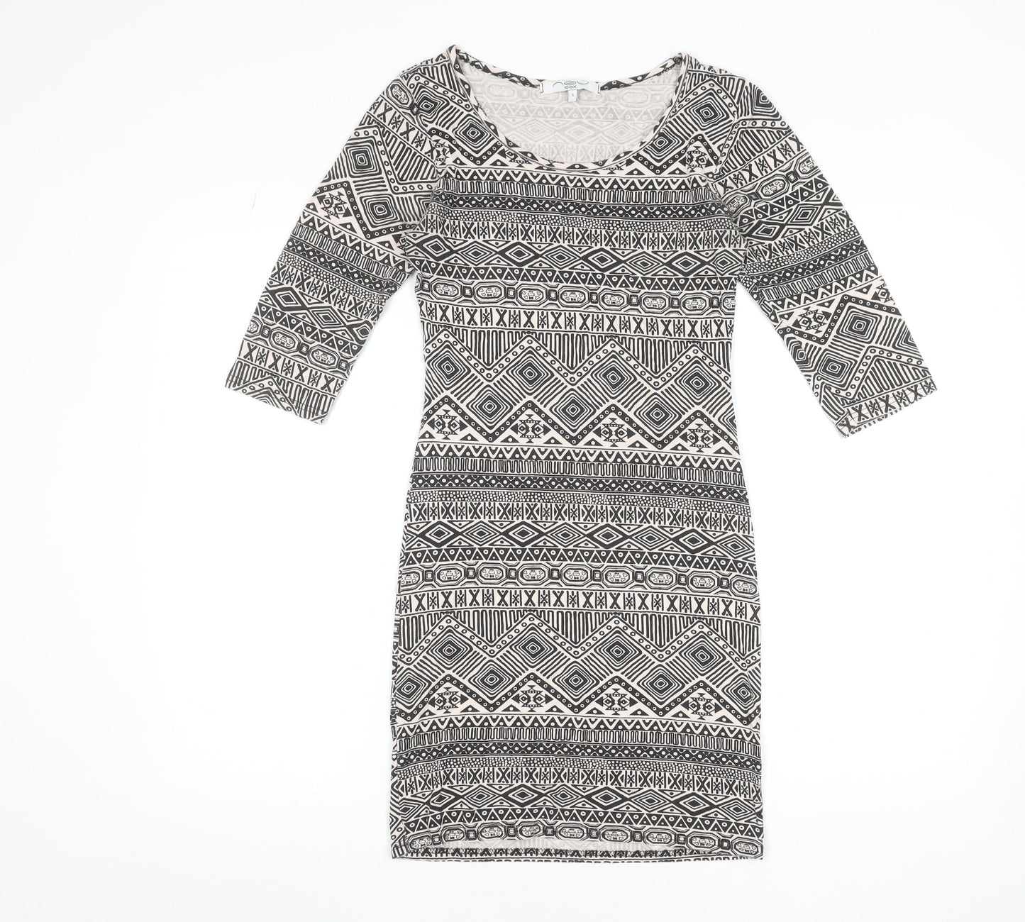 New Look Women's Black Aztec Bodycon Dress Size S 3/4 Sleeve
