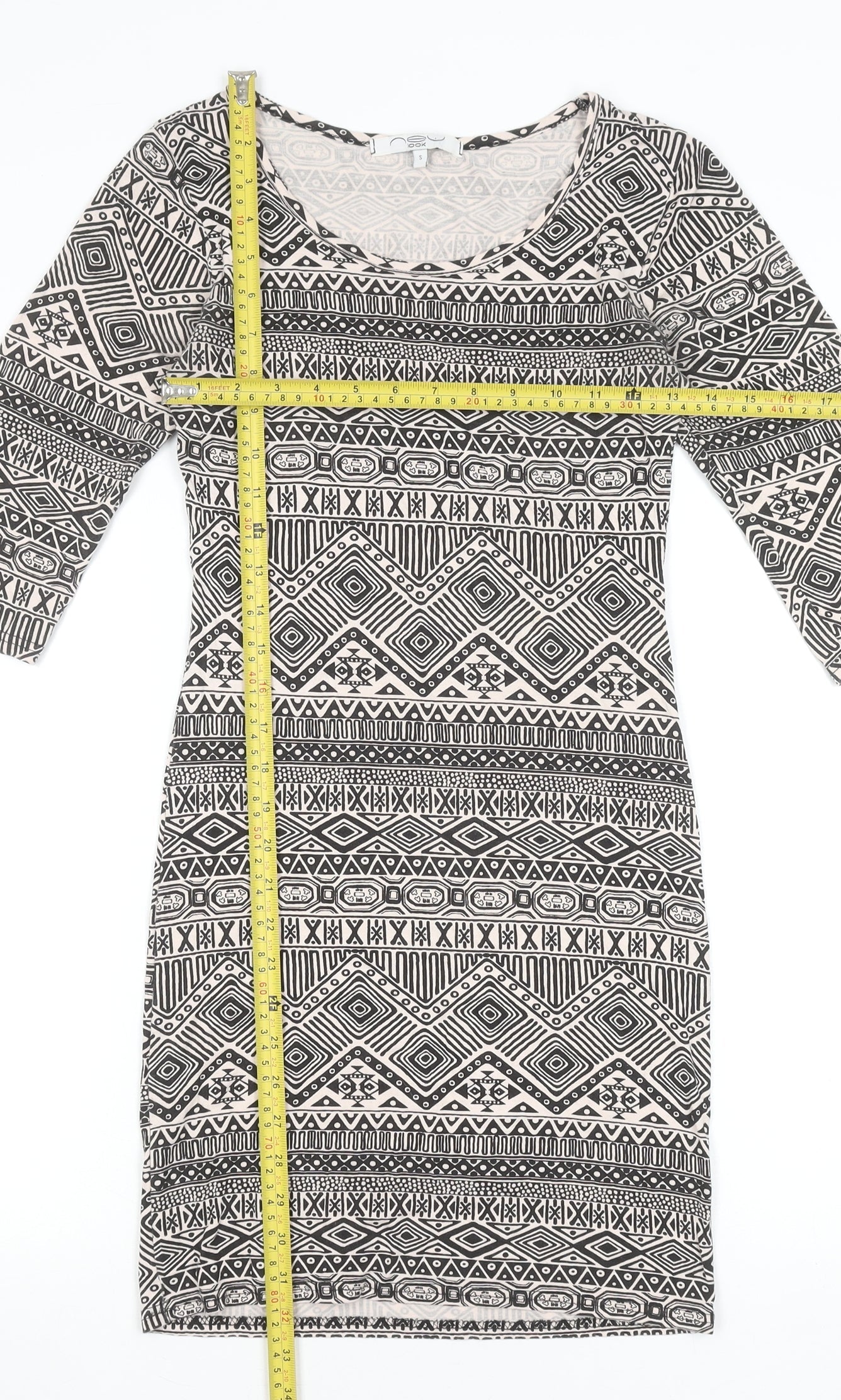 New Look Women's Black Aztec Bodycon Dress Size S 3/4 Sleeve