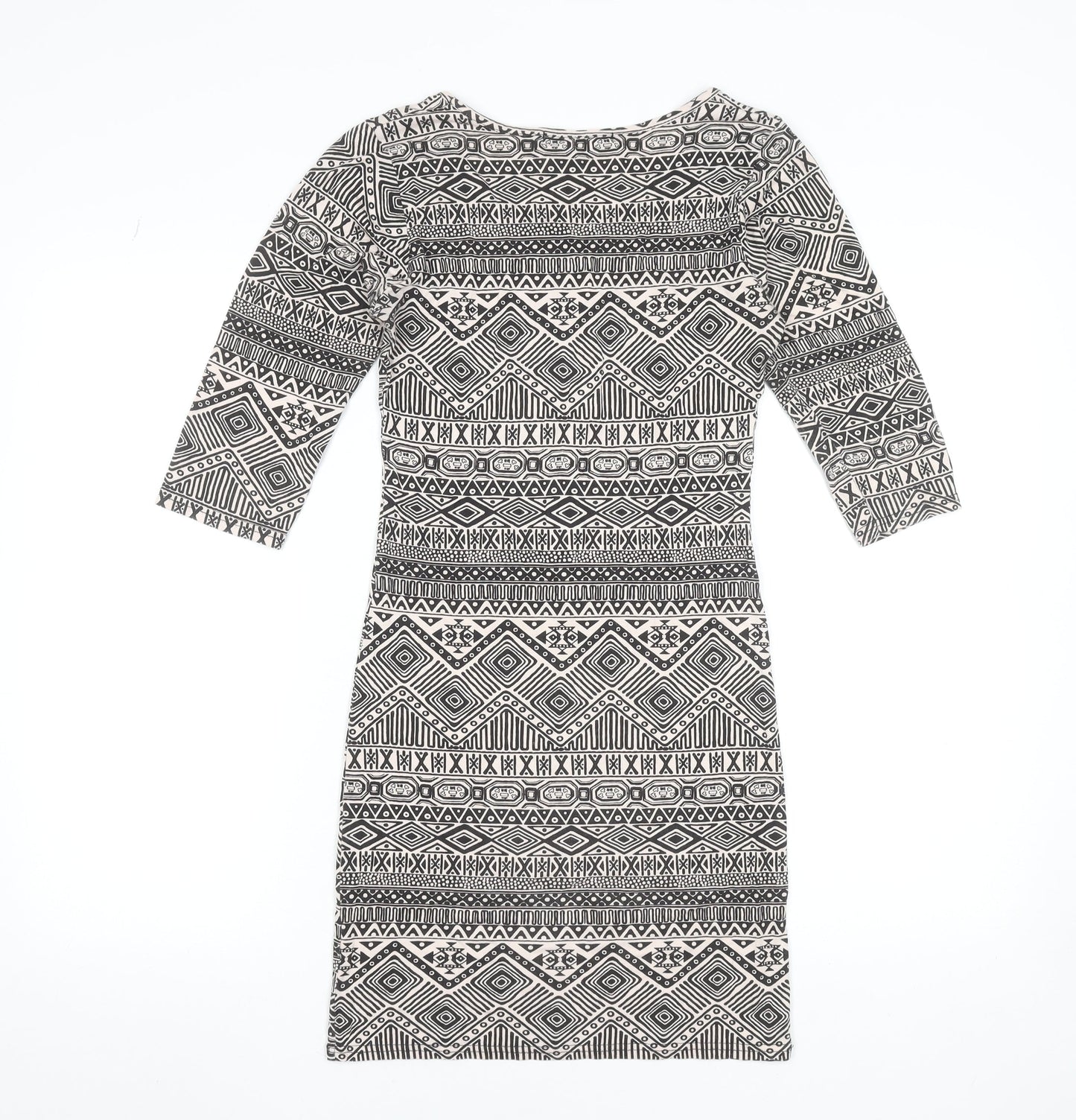 New Look Women's Black Aztec Bodycon Dress Size S 3/4 Sleeve