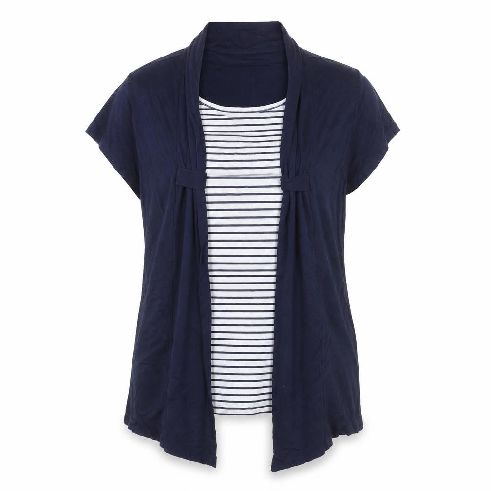 Bassini Women Blue Striped Tunic Blouse XL Viscose Short Sleeve