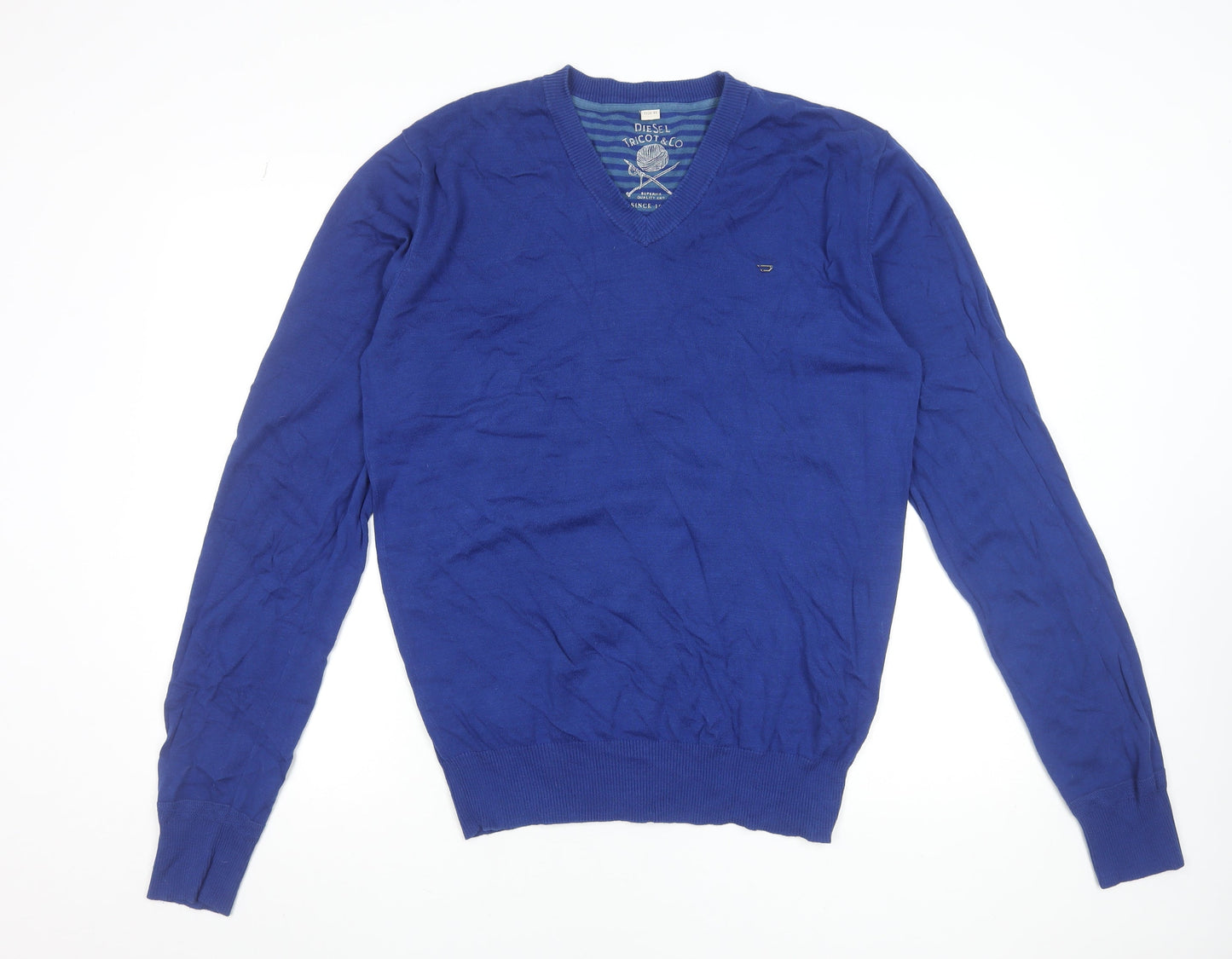 Diesel Men’s Blue V-Neck Cotton Jumper XL Regular Fit