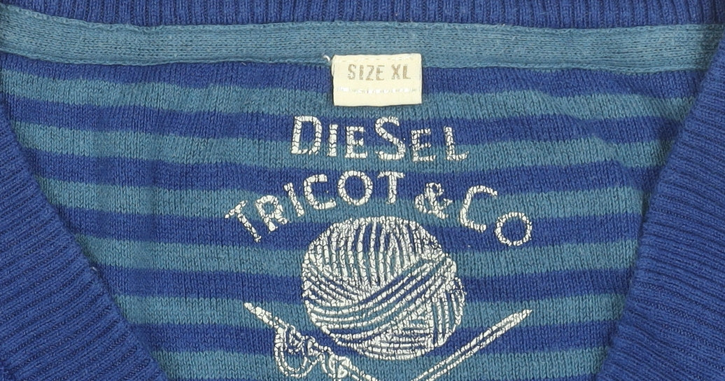 Diesel Men’s Blue V-Neck Cotton Jumper XL Regular Fit