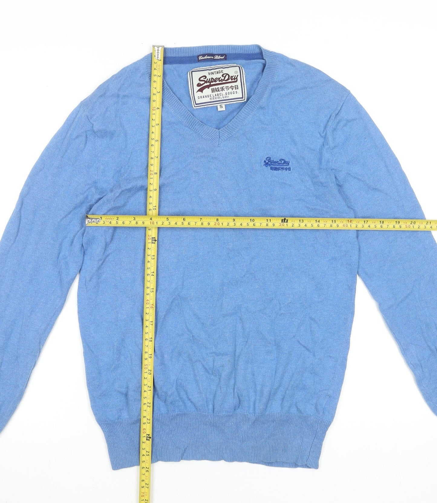 Superdry Men's Blue V-Neck Cotton Cashmere Jumper Size S