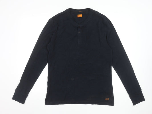 Superdry Mens Black XL Long Sleeve Henley Cotton T-Shirt
