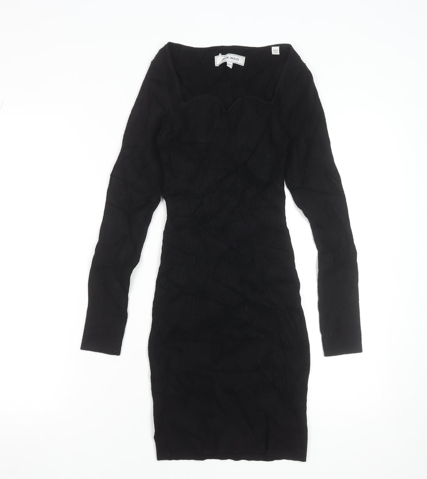 Jack Wills Women’s Black Bodycon Knit Dress Size 10 Long Sleeve Sweetheart Neck