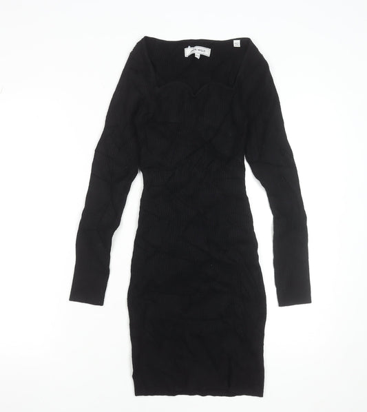 Jack Wills Women’s Black Bodycon Knit Dress Size 10 Long Sleeve Sweetheart Neck