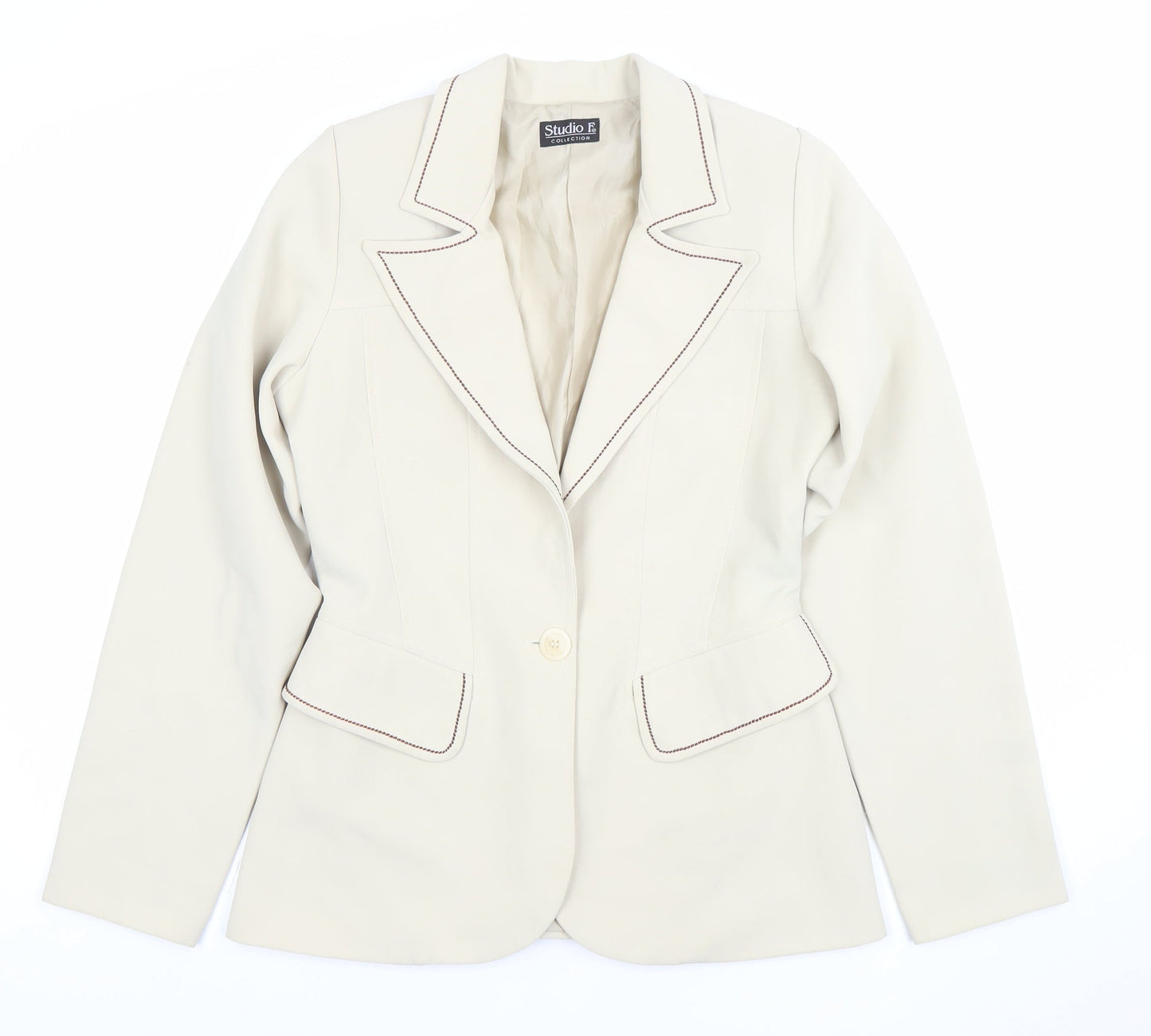 Studio F Women’s Beige Tailored Blazer Size 12 Single-Breasted One-Button Jacket