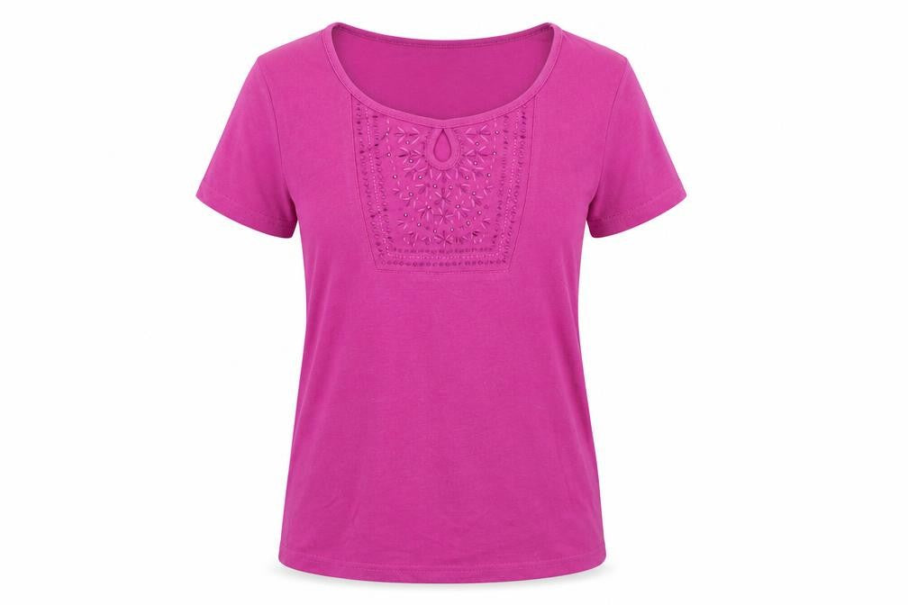 Bon Casual Women's Pink Embroidered Cotton Stretch T-Shirt XS