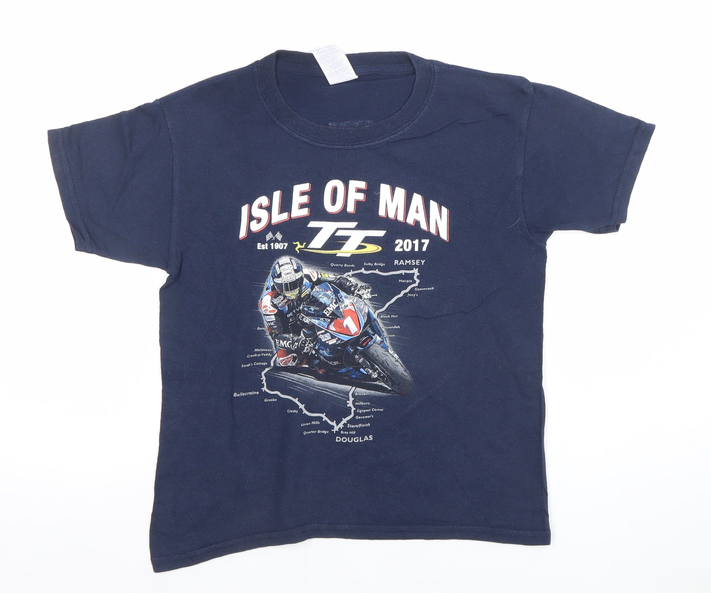 Gildan Boys Blue Isle of Man TT 2017 Motorcycle Graphic T-Shirt XS