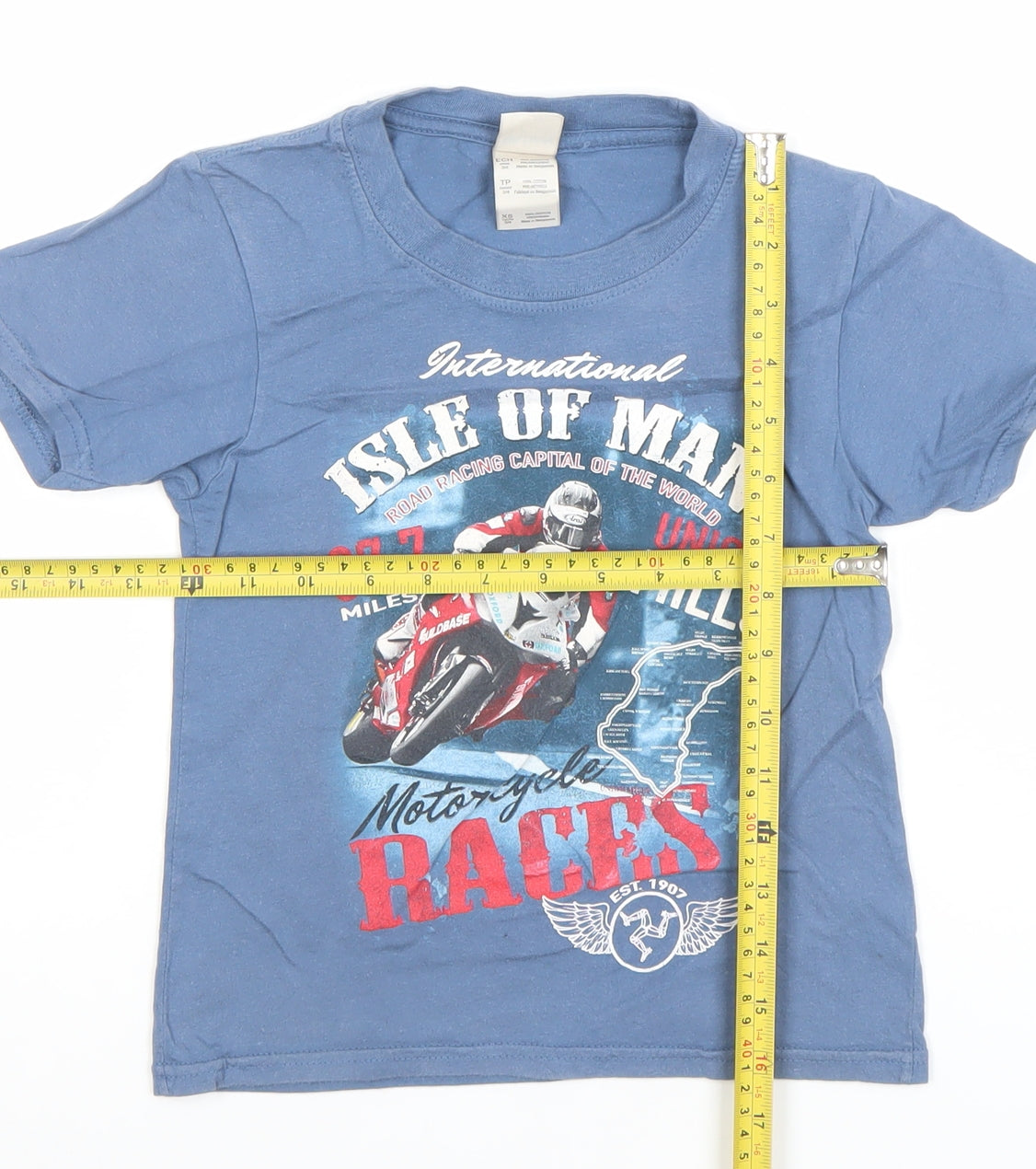 Gildan Boys Blue Isle of Man Motorcycle Races T-Shirt XS Ring Spun Cotton