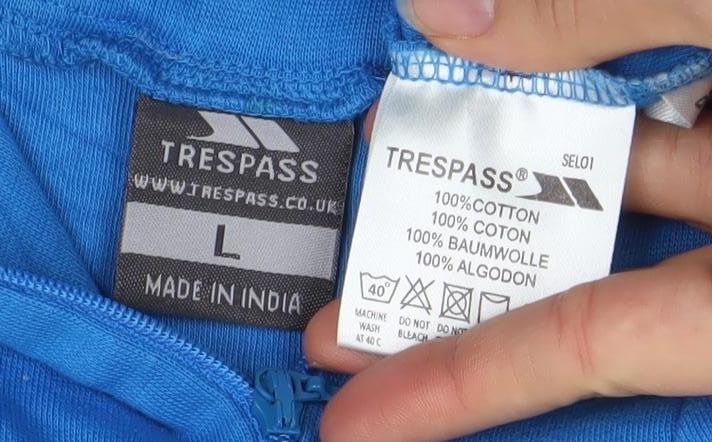 Trespass Men's Blue High Neck Full Zip Cotton Sweatshirt Size L