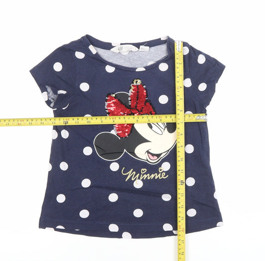 H&M Girls Blue Polka Dot Minnie Mouse Sequin T-Shirt 7-8 Years