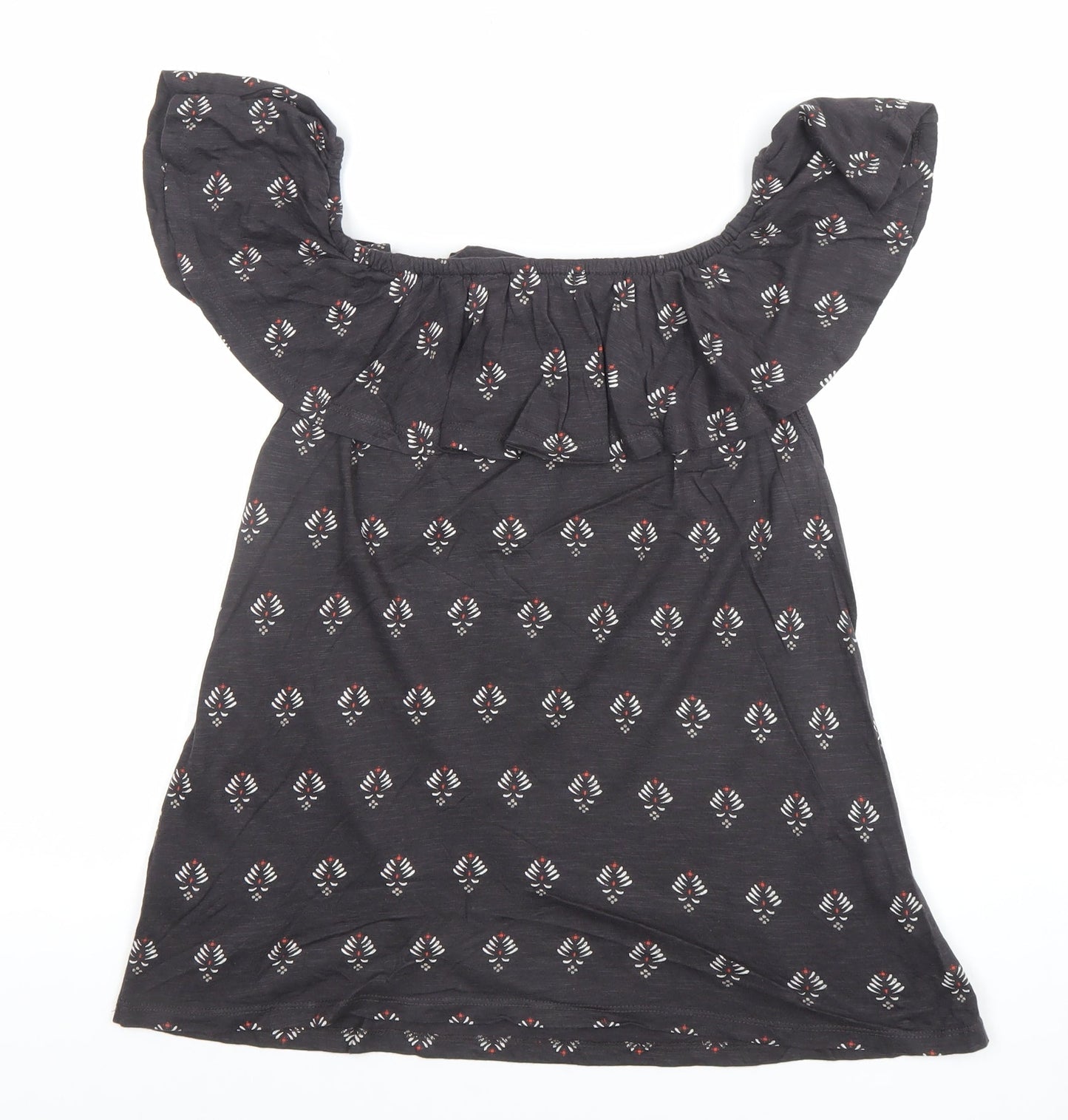 Fat Face Women’s Black Floral Off Shoulder Ruffle Tunic Blouse Size 14