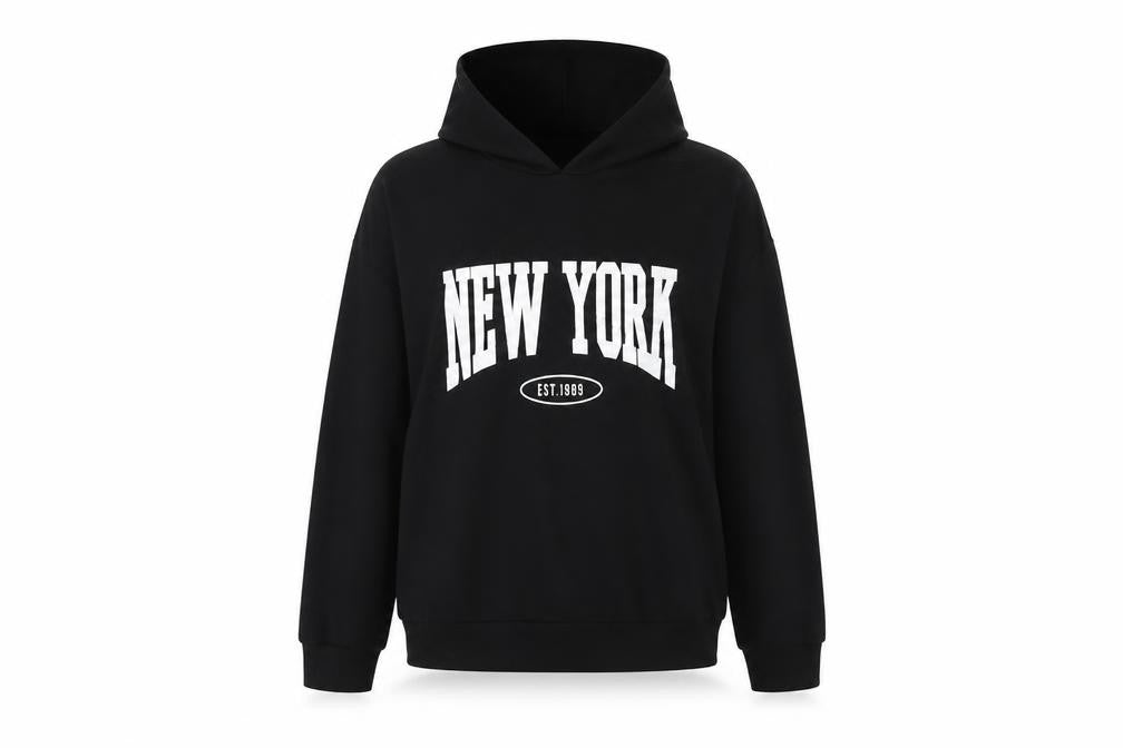 Front view of Dunnes women’s black new york hoodie, size M, cotton blend