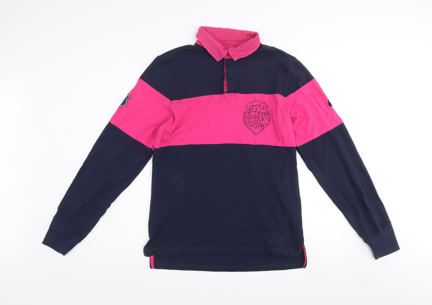 Asics Men's Blue & Pink Colourblock Rugby Shirt Size S Long Sleeve