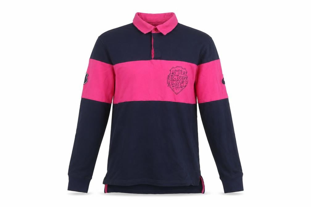 Front view of Asics Men's Blue & Pink Colourblock Rugby Shirt, size S, Long Sleeve
