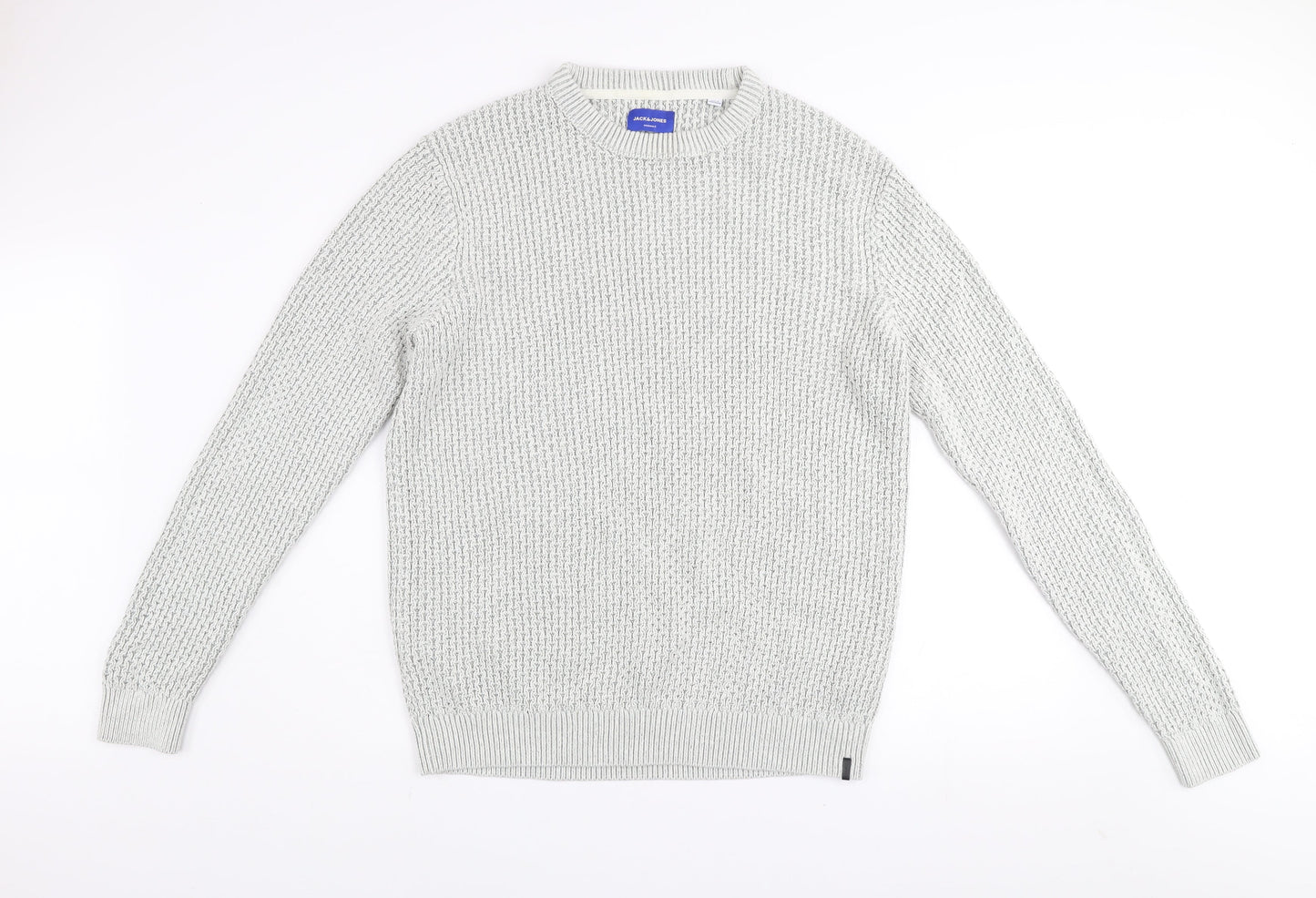 Jack & Jones Men's Grey Waffle-Knit Crew Neck Jumper Size S