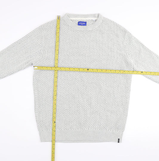 Jack & Jones Men's Grey Waffle-Knit Crew Neck Jumper Size S