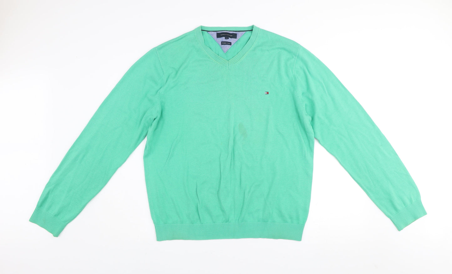 Tommy Hilfiger Men’s Green Cotton V-Neck Jumper Size L Classic Knit