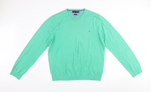 Tommy Hilfiger Men’s Green Cotton V-Neck Jumper Size L Classic Knit