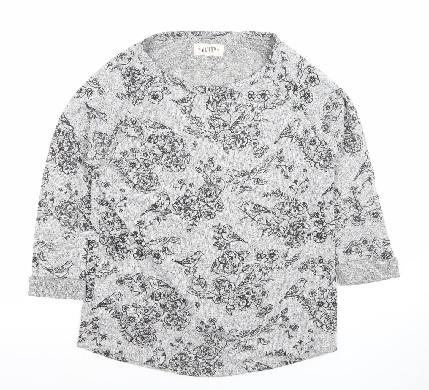 New Look Women's Grey Floral Bird Print 3/4 Sleeve Pullover Jumper Size 10