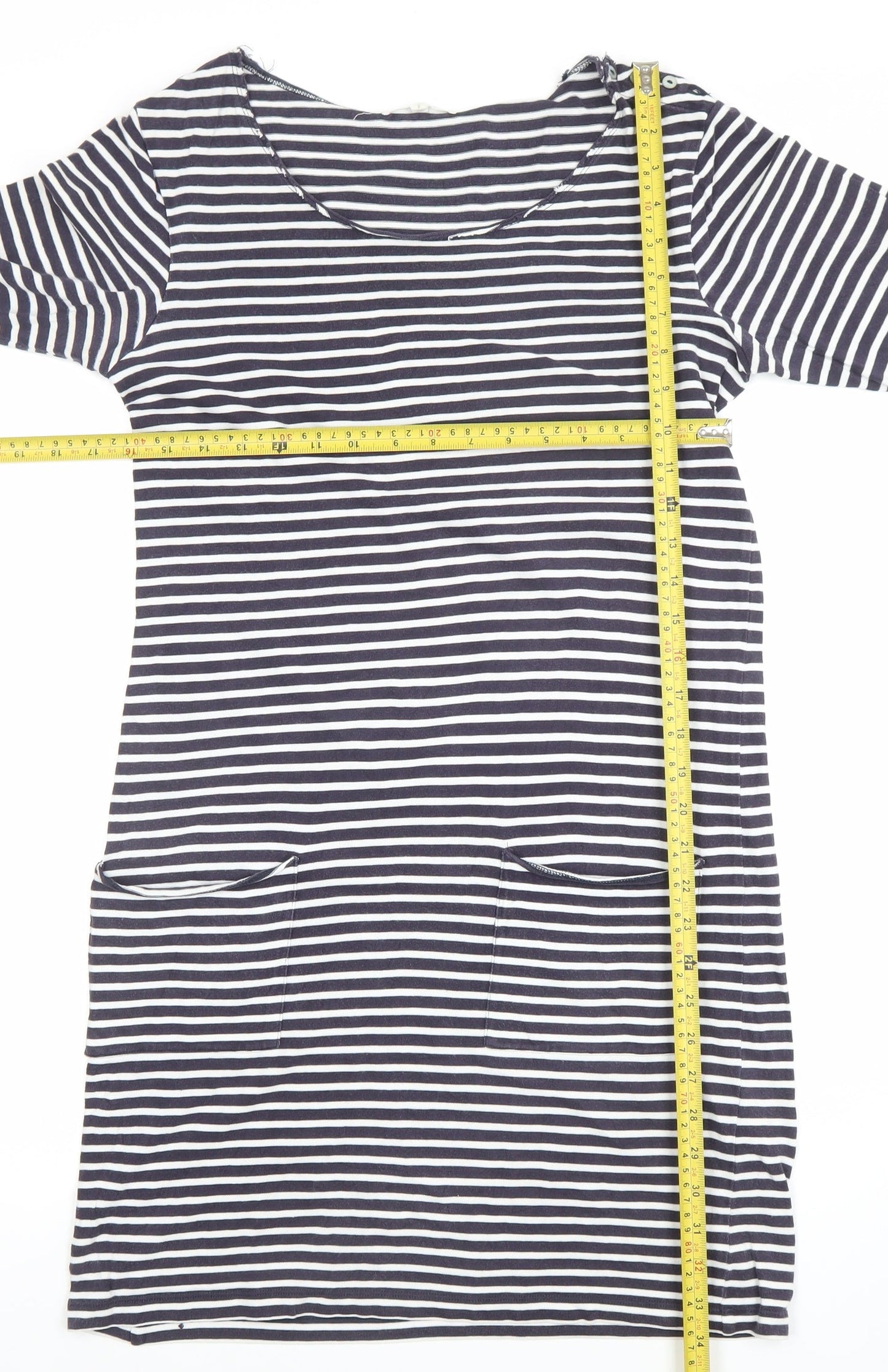 White Stuff Women Blue Striped Shift Dress Size 8 3/4 Sleeve