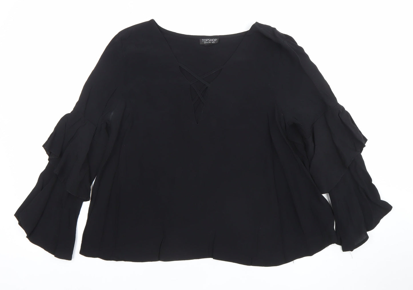 Topshop Womens Black Viscose Tunic Blouse Size 10 Flared Sleeve