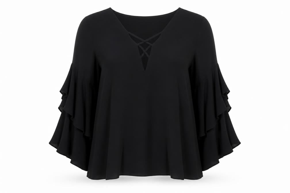 Topshop Womens Black Viscose Tunic Blouse Size 10 Flared Sleeve