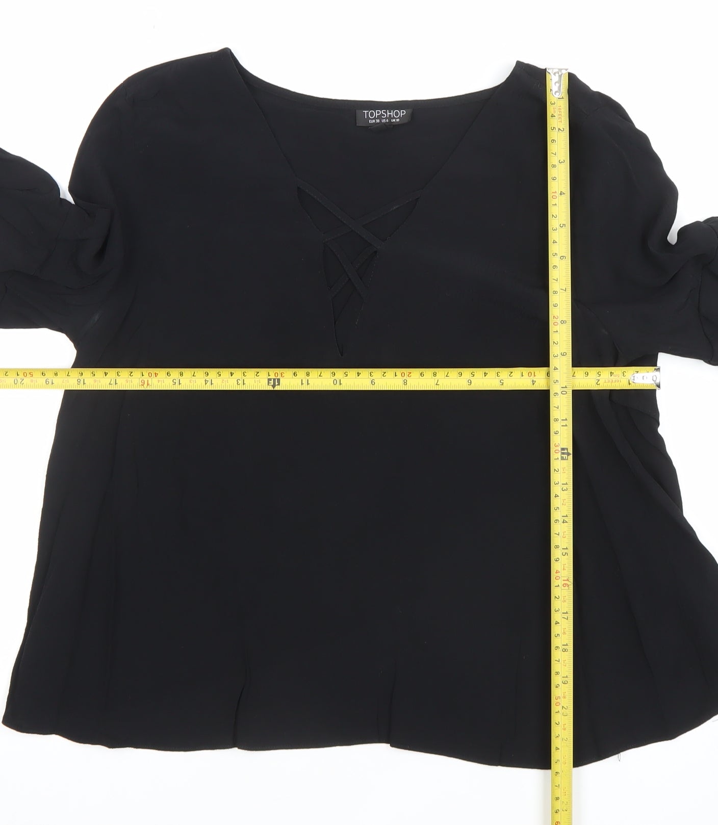 Topshop Womens Black Viscose Tunic Blouse Size 10 Flared Sleeve