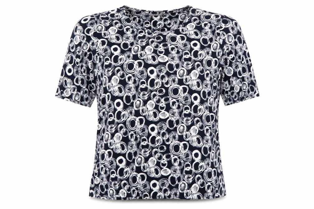 VIZ-A-VIZ Womens Blue Geometric Short Sleeve Stretch Top Size 12