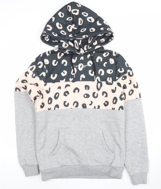 JustHype Womens Grey Pink Leopard Print Pullover Hoodie Size 8
