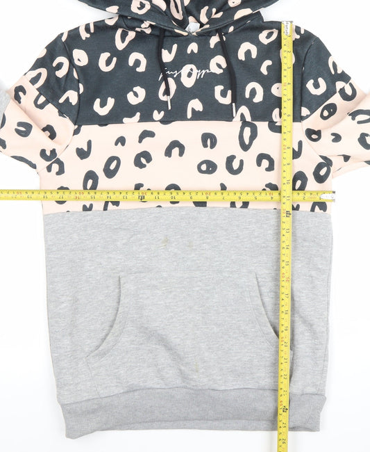 JustHype Womens Grey Pink Leopard Print Pullover Hoodie Size 8