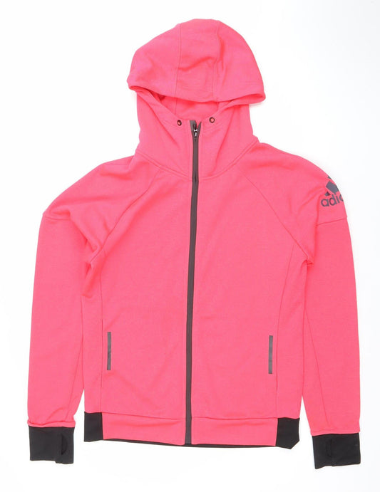 Adidas Women Pink Full Zip Hoodie Size M Polyester Hooded Sweatshirt