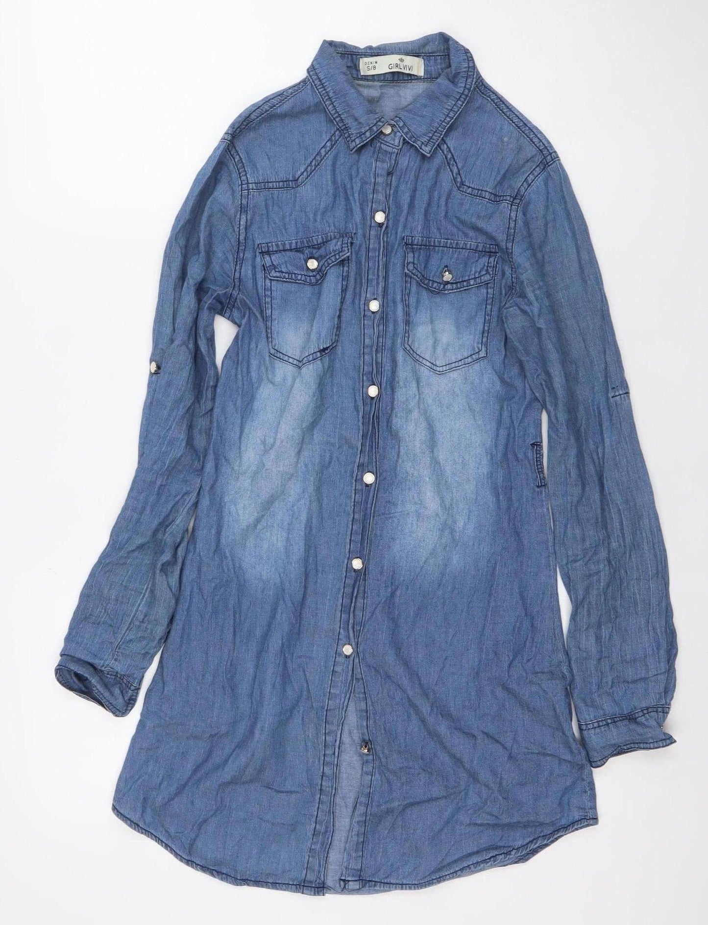 Girl Vivi Women's Blue Denim Shirt Dress S Long Sleeve Casual