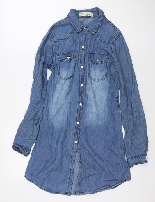 Girl Vivi Women's Blue Denim Shirt Dress S Long Sleeve Casual