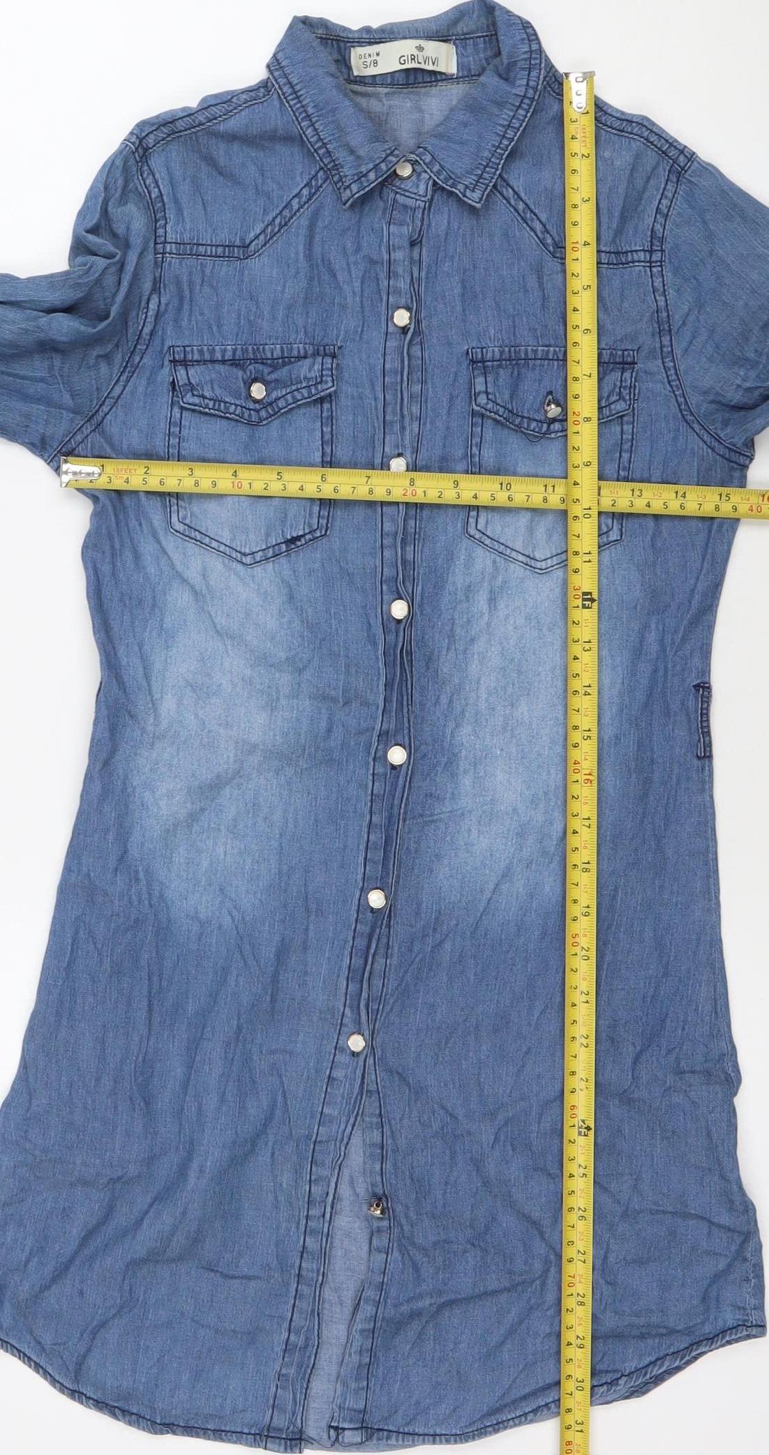 Girl Vivi Women's Blue Denim Shirt Dress S Long Sleeve Casual