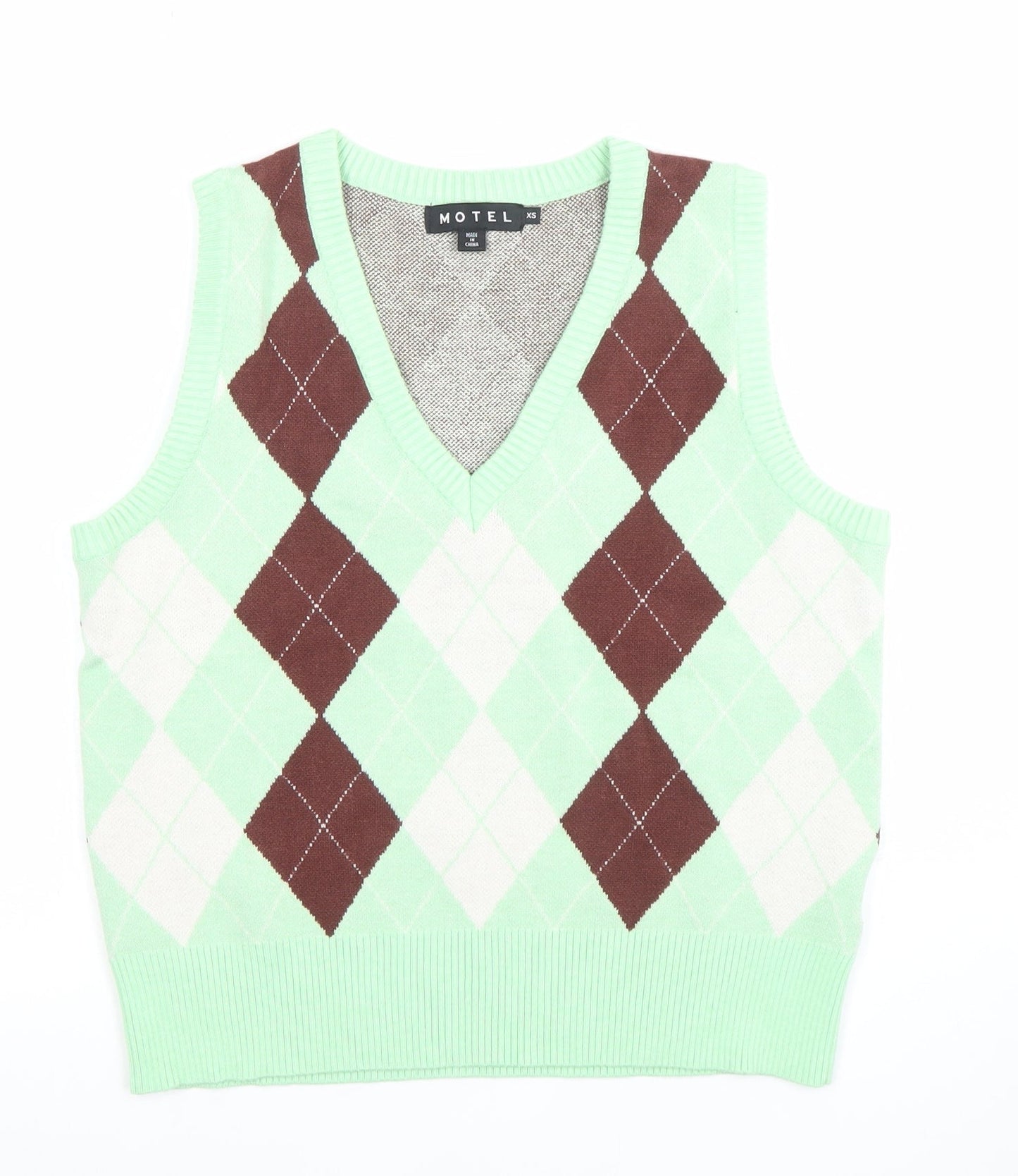 Motel Women's Green Argyle Knit Sleeveless V-Neck Vest XS