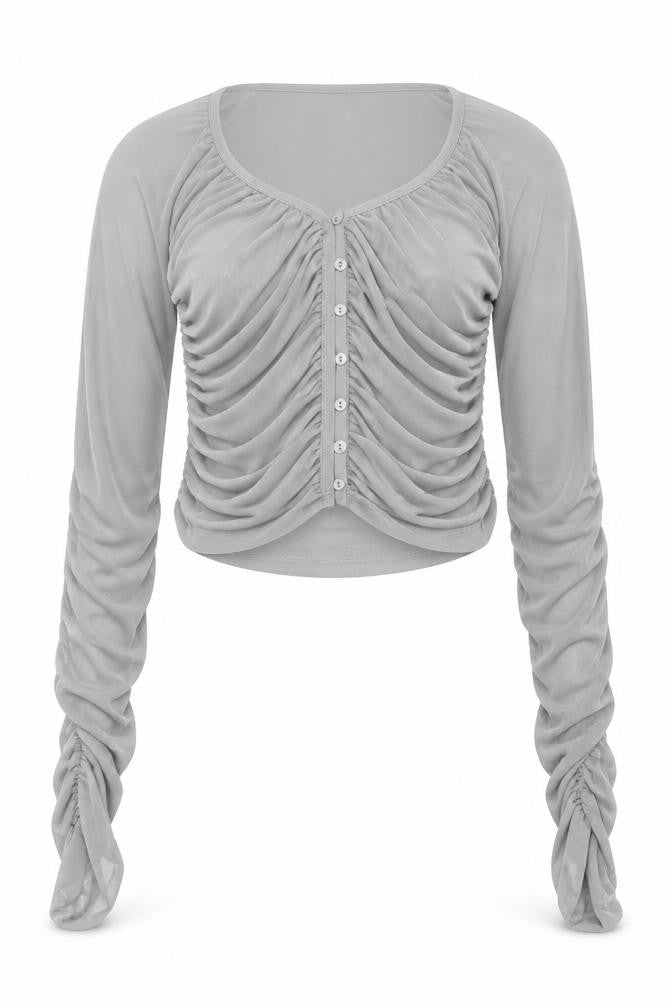 Zara Women Grey Ruched Mesh Long Sleeve Button-Up Top L