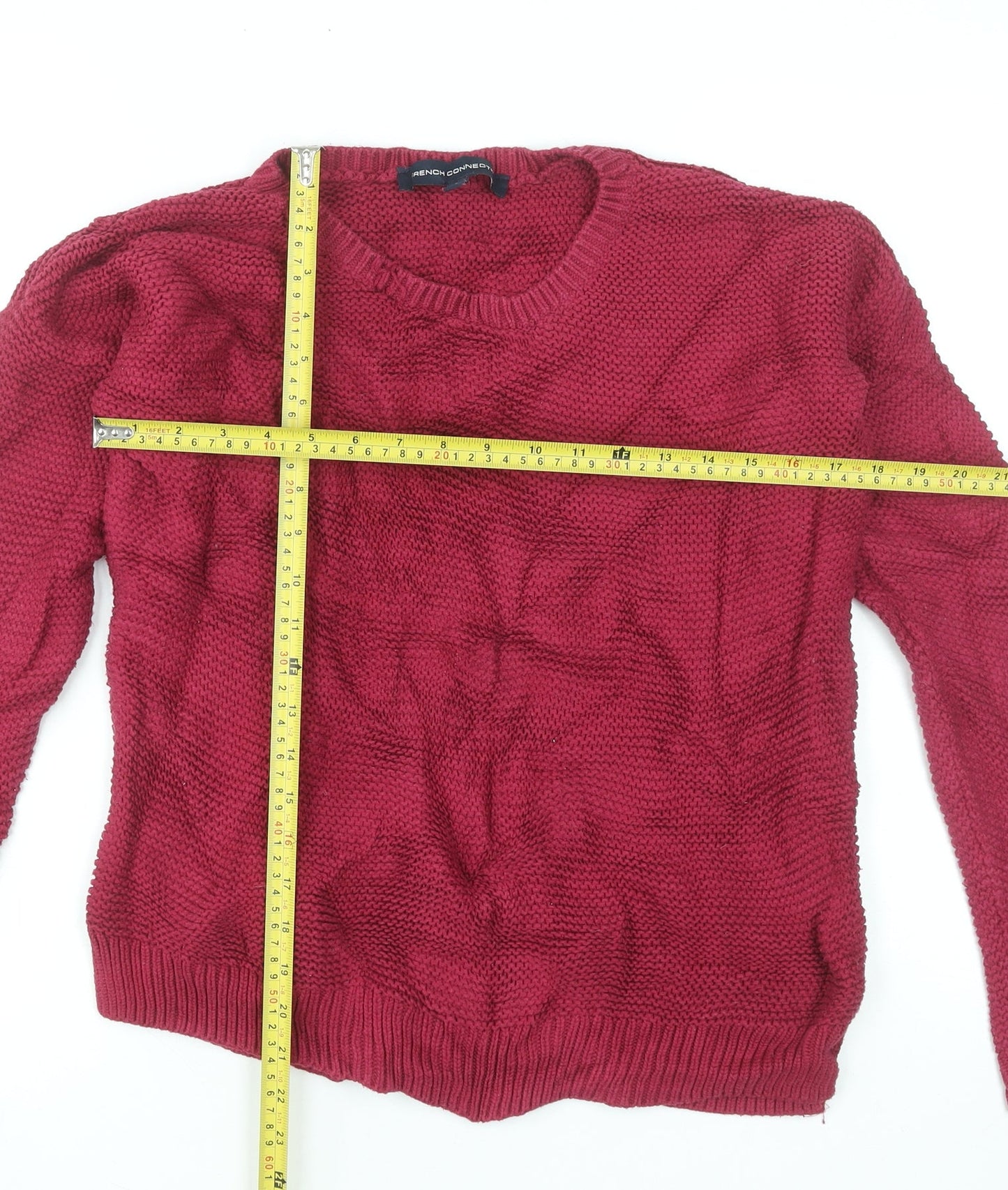 French Connection Women’s Red Cotton Chunky Knit V-Neck Jumper XS